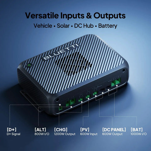 Heavy Duty Dual Input Dc To Dc Alternator And Solar Charger For Portable Power Stations 1200W with various input and output ports.