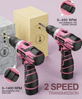 Image of pink cordless drill set for women with 12 volt power, 2 speeds, showing drill use and RPM settings on wooden block.