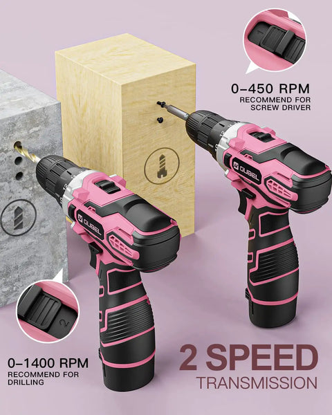 Image of pink cordless drill set for women with 12 volt power, 2 speeds, showing drill use and RPM settings on wooden block.
