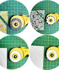 45Mm Rotary Cutter Kit With 9 Extra Blades For Fabric Quilting And Crafting showing different blade designs on fabric