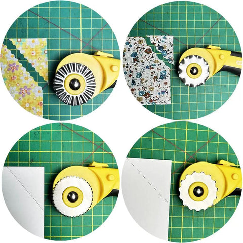 45Mm Rotary Cutter Kit With 9 Extra Blades For Fabric Quilting And Crafting showing different blade designs on fabric
