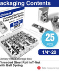 Pack Of 25 1/4 20 Roll In T Nuts With Ball Springs For 8020 Aluminum Extrusion T Slot Framing, carbon steel material, packaged.