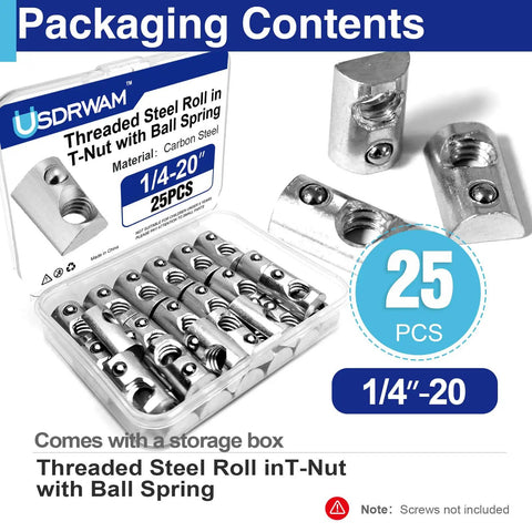 Pack Of 25 1/4 20 Roll In T Nuts With Ball Springs For 8020 Aluminum Extrusion T Slot Framing, carbon steel material, packaged.