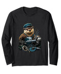 Cool CNC Tools Vise Gauge Square Set Machinist Gift For Him Long Sleeve T-Shirt Soft Fit Black Tee featuring a cartoon otter working with tools.