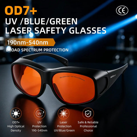 The Real Deal OD7 Plus Laser Safety Glasses With CE Certified Nano PC Lenses shielding eyes from rogue UV blue and green lasers across 190 to 540 nanometers.