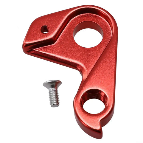 Red aluminum derailleur hanger with screw fitting for mountain and road bikes. Derailleur Hanger Aluminum Alloy Bicycle Frame Mount.