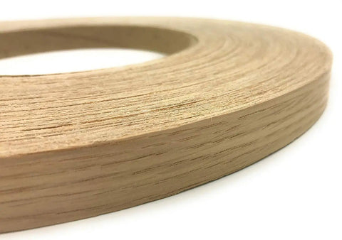 Close-up of White Oak Wood Veneer Edgebanding 2 Inch by 250 Foot Pre Glued Roll Flexible Wood Tape Iron On with Hot Melt Adhesive Smooth Sanded Finish Easy Install Made in USA