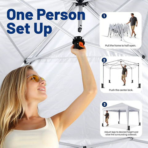 Easy Up 10x10 Pop Up Canopy With Sidewalls One Push Instant Setup showing one person setting up the frame and locking mechanism.