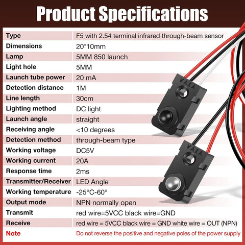 8 Pcs IR Break Beam Sensor Kit With 5mm LEDs Counting Module Through Beam Photoelectric Switch, product specifications table