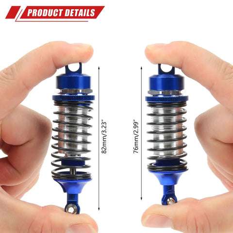 Gorgon Big Bore Shocks Set For ARRMA 1 To 10 Scale RC Cars Upgrade shown in two sizes with blue aluminum finish