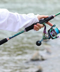 Angler holding Two Piece Spinning Rod And Reel Combo, Colorful Portable Lightweight Fishing Kit With Smooth Stainless Guides.