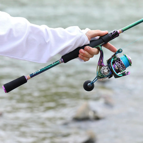 Angler holding Two Piece Spinning Rod And Reel Combo, Colorful Portable Lightweight Fishing Kit With Smooth Stainless Guides.