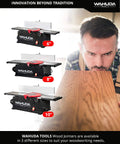 Heavy Duty 10 Inch Benchtop Wood Jointer Featuring Spiral Cutterhead And Cast Iron Table With Pull Out Extensions Plus Four Sided Carbide Inserts For Zero Hassle Smooth Finishes displayed among different sizes.