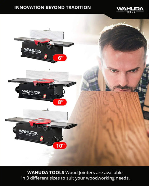 Heavy Duty 10 Inch Benchtop Wood Jointer Featuring Spiral Cutterhead And Cast Iron Table With Pull Out Extensions Plus Four Sided Carbide Inserts For Zero Hassle Smooth Finishes displayed among different sizes.