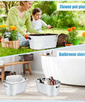 Dual view of galvanized metal tubs; one used for planting flowers, the other for bathroom storage with towels and bottles.