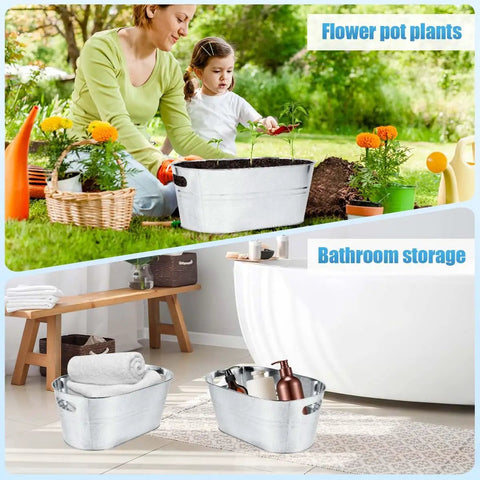 Dual view of galvanized metal tubs; one used for planting flowers, the other for bathroom storage with towels and bottles.