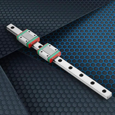 Slick Compact Miniature Linear Rail Guide Set 12mm Wide By 250mm Long With Two Slide Blocks on geometric background
