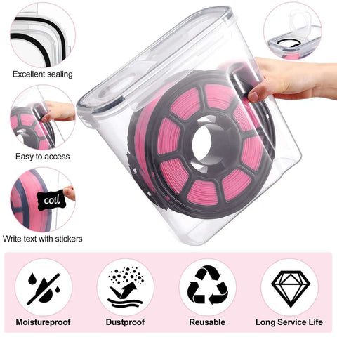 Person holding 12 pack filament storage box with lid for 3D printing spools, highlighting features like sealing and moisture proof design.