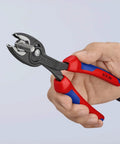 Hand holding TwinGrip Adjustable Front Grip Pliers With Side Grip Push Button Adjust Tongue And Groove Joint Black With Multi Component Sleeves 200mm