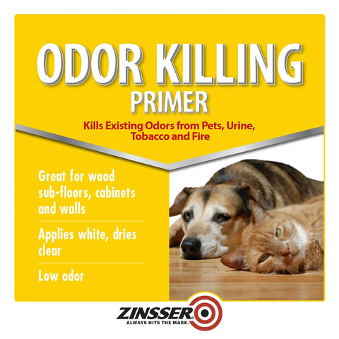 Odor Killing Primer with dog and cat, effective on wood subfloors, cabinets, and walls for pet urine, tobacco, and food odors.