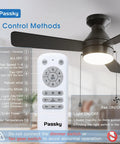 Modern 42 Inch Low Profile Ceiling Fan In Sleek Black With Whisper Quiet Motor Providing Super Smooth Cooling Airflow And Bright Led Lighting With Remote And Pull Chain Options displaying remote control features and light.