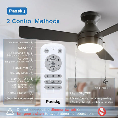 Modern 42 Inch Low Profile Ceiling Fan In Sleek Black With Whisper Quiet Motor Providing Super Smooth Cooling Airflow And Bright Led Lighting With Remote And Pull Chain Options displaying remote control features and light.