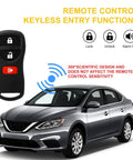 Keyless Entry Remote Fob For Infiniti And Nissan Cars Armada Frontier Murano Pathfinder Quest Sentra Titan Versa Xterra FX35 FX45 QX4 Replacement KBRASTU15 2 Pack Includes Batteries Pre Tested Plug And Play displayed next to a grey car.
