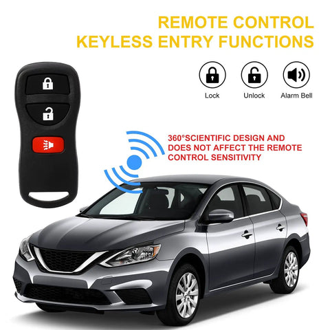 Keyless Entry Remote Fob For Infiniti And Nissan Cars Armada Frontier Murano Pathfinder Quest Sentra Titan Versa Xterra FX35 FX45 QX4 Replacement KBRASTU15 2 Pack Includes Batteries Pre Tested Plug And Play displayed next to a grey car.