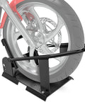 Heavy Duty Motorcycle Wheel Chock With 1800 Lbs Capacity Front Wheel Stand For 15 To 21 Inch Wheels, securing a motorcycle tire