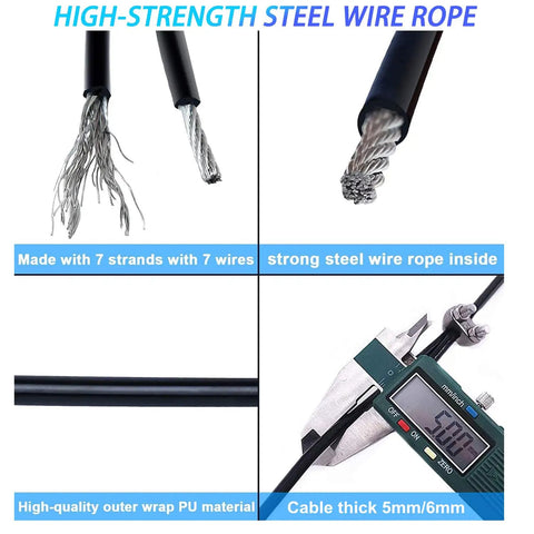High-quality heavy duty replacement pulley cable for home gyms, 5mm thick with black nylon coating and steel core.