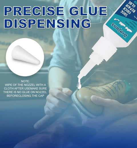 Fast Set Sole Repair Adhesive For Sneakers Boots Heels And Sandals Shoe Waterproof Glue That Quickly Patches Cracks And Worn Areas On Rubber And Canvas 1.06 Oz shown with precise dispensing onto shoe