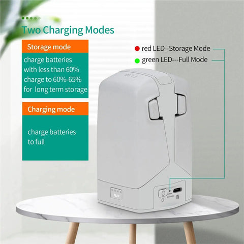 Two Way Charging Hub And Power Bank Kit For Drone Flip With Vertical Charging Station showing LED modes on table