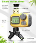 Smart Drip Irrigation System With LCD Timer And 246 Foot Layout showing yellow LCD timer with knob and fittings.