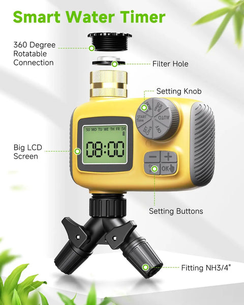 Smart Drip Irrigation System With LCD Timer And 246 Foot Layout showing yellow LCD timer with knob and fittings.