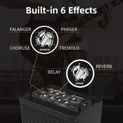 15W Portable Guitar Amp With 9 Preamp Models, Looper, Drum Machine; close-up of effects dial for modulation, delay, reverb