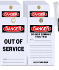 No Sweat Bulk 50 Pack Danger Out Of Service Tags For Industrial Facilities With Double Sided Bold Print And White Cable Zip Ties Plus Marker Pen For Fast Lockout Safety Procedures, showing multiple tags and a pen.
