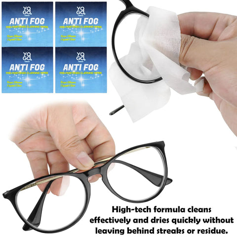 Eyeglasses anti-fog wipe packets; two pre-moistened wipes shown for cleaning glasses.