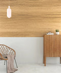 Natural Brown Wood Contact Paper Peel And Stick For Cabinets, Countertops, And Furniture, Waterproof Woodgrain Wallpaper Self Adhesive Removable 15.7x118 Inch Roll applied to wall behind cabinet and chair