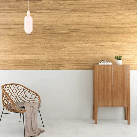 Natural Brown Wood Contact Paper Peel And Stick For Cabinets, Countertops, And Furniture, Waterproof Woodgrain Wallpaper Self Adhesive Removable 15.7x118 Inch Roll applied to wall behind cabinet and chair