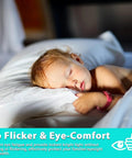 Child sleeping peacefully under soft lighting with text overlay about eye comfort and flicker-free lighting benefits.