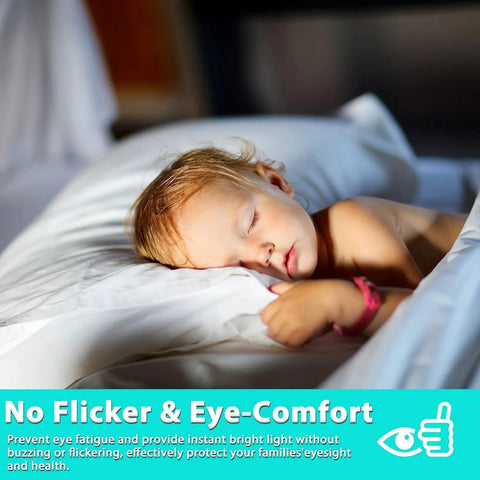 Child sleeping peacefully under soft lighting with text overlay about eye comfort and flicker-free lighting benefits.