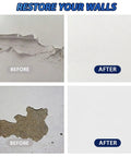 Before and after wall repair using All-In-One Drywall Repair Kit With Scraper And Fast-Dry Paste showing cracked and patched surfaces.