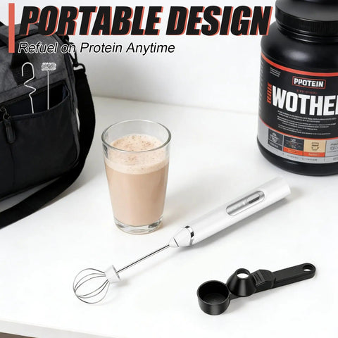 4 In 1 Protein Powder Mixer Wand With Scoop Funnel Set Waterproof Detachable Rechargeable For Coffee Matcha Milk And Other Drinks shown with protein shake on counter