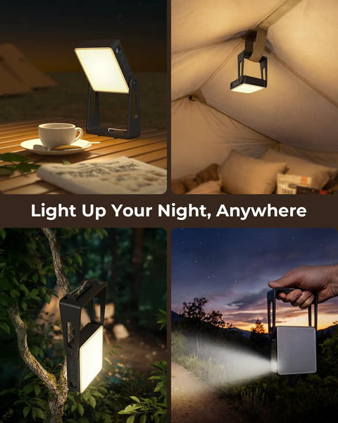 Two Pack Rechargeable Camping Lanterns With 4000mAh Batteries, shown in various outdoor and tent settings.