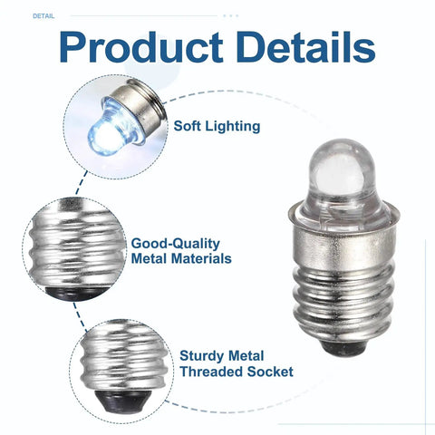 Four Pack E10 Miniature Screw Base Light Bulbs 3V 0.3A showcasing soft lighting and sturdy metal construction.