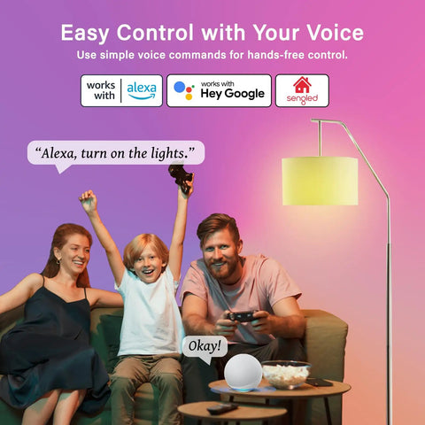 Family using WiFi Color Changing A19 LED Bulbs With Alexa And Google Assistant, No Hub Needed, 75W Equivalent, in living room.