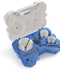 One Tooth Rough Wood Hole Cutter Kit With High Speed Steel Teeth in blue case, featuring assorted sized saws and arbor for versatility.