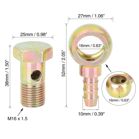 Two Sets 16mm Banjo Hose Barb Bolt Fitting With Bronze Tone Washers And Copper Spacers For Motorcycle And Car 4 Pieces