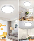 Collage of 35W Dimmable LED Round Flush Mount Ceiling Light in living room, dining room, and kitchen setups, 15-inch close to ceiling.