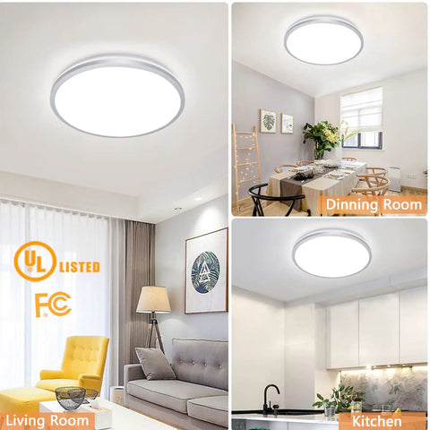 Collage of 35W Dimmable LED Round Flush Mount Ceiling Light in living room, dining room, and kitchen setups, 15-inch close to ceiling.
